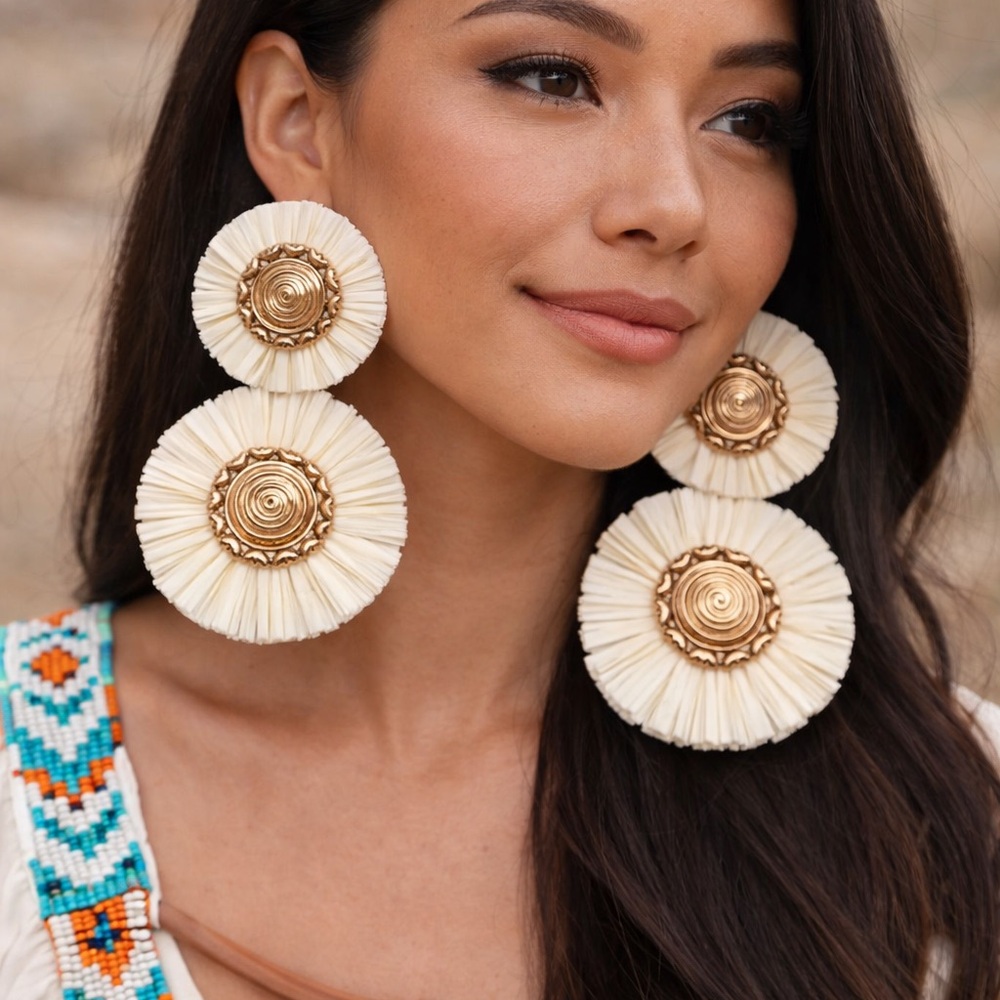 Baublebar Cream and Gold Statement Raffia Drop Earrings